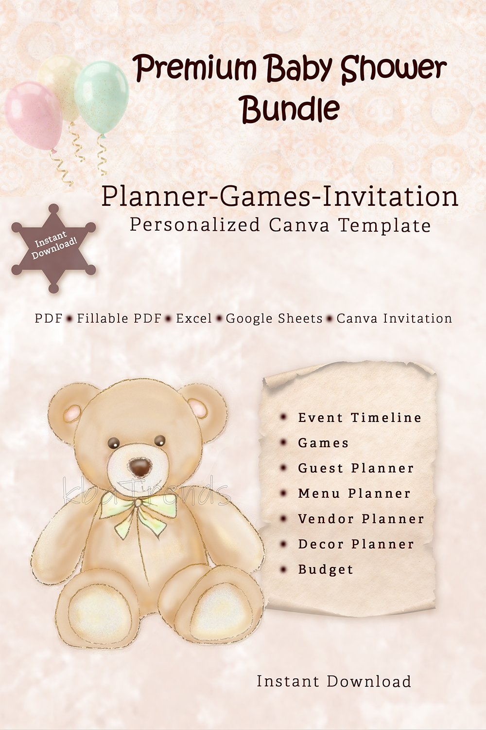 Baby Shower Planner Bundle Printable | Teddy Bear Shower Games, Fillable PDF, Excel & Google Sheets, Personalized Canva Template Customizable, Woodland Baby Shower Planner, Storybook Nursery, Baby Bear Theme, Cottagecore Baby Shower Invitation