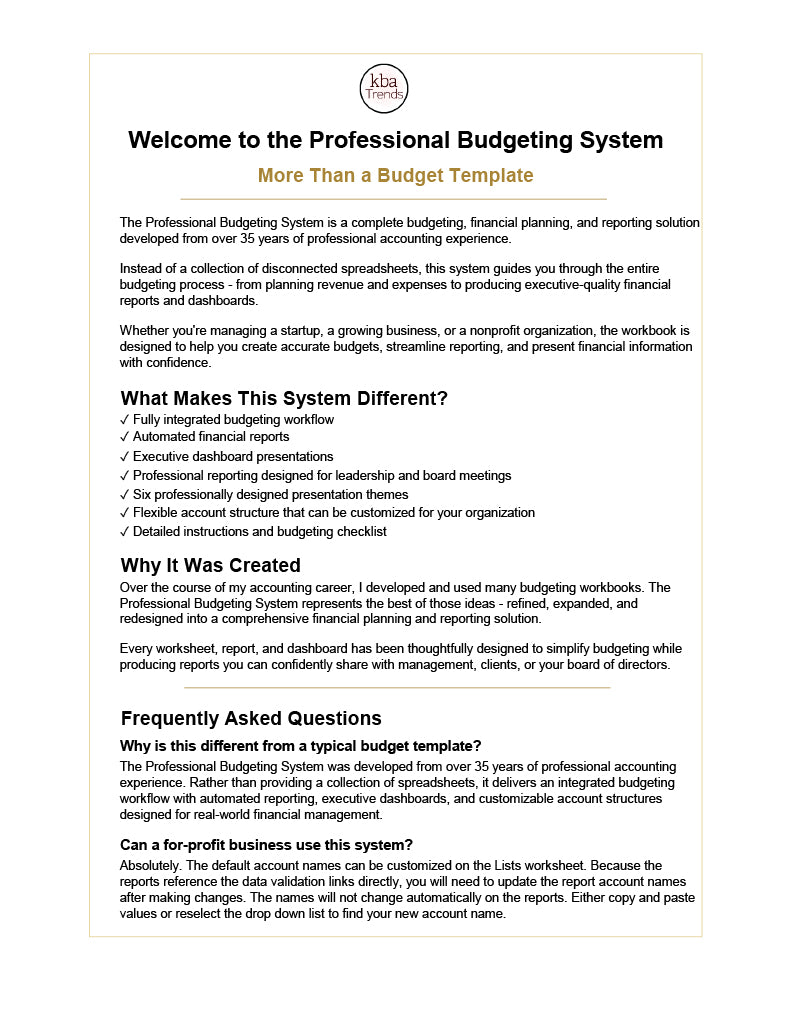 Professional Budgeting System | Excel Financial Workbook | Automated Budget Reports & Executive Dashboards | Small, Mid-Sized, Nonprofits